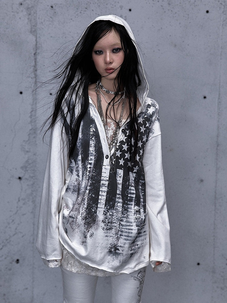 Loose Lace V-Neck Two-piece Top Star Sleeve Panel Off-white Hooded Long Print