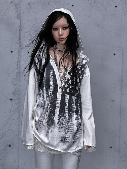- Loose Lace V-Neck Two-piece Top Star Sleeve Panel Off-white Hooded Long Print