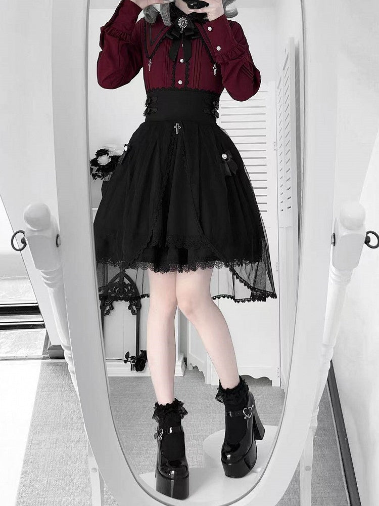 Jirai + Bow Skirt Sleeve Tulle Details Blouse Cross Lace Wine Set Kei Black with Red High-Waist Long Train Gothic