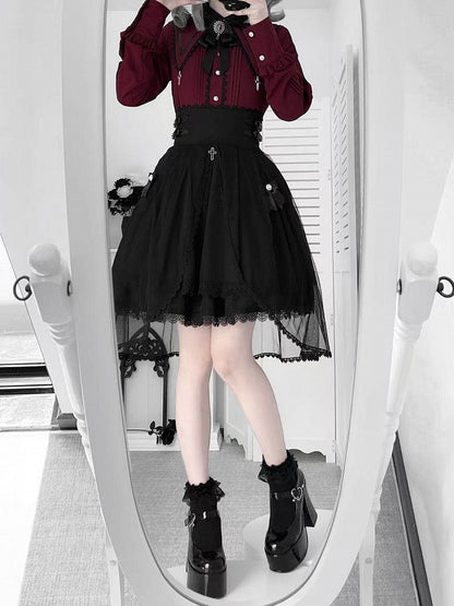Jirai + Bow Skirt Sleeve Tulle Details Blouse Cross Lace Wine Set Kei Black with Red High-Waist Long Train Gothic