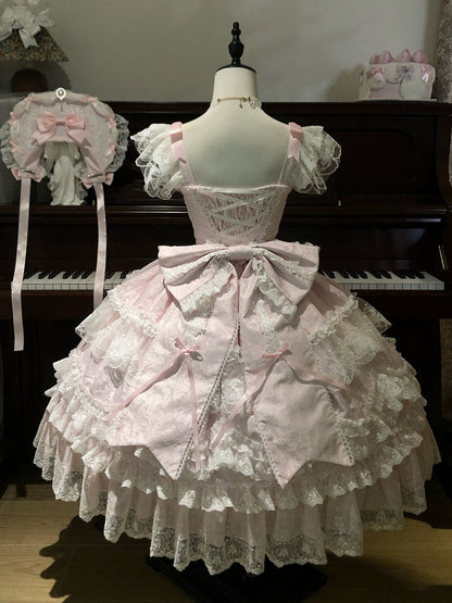 Pink Hanayome Tiered Lolita JSK Dress with Bows & Lace Trim - Set Includes Bonnet & Back Bow