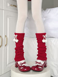 with Decorations Leg White Warmers Pom-pom Red Knitted