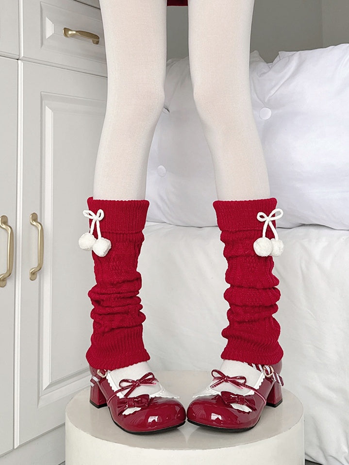 with Decorations Leg White Warmers Pom-pom Red Knitted