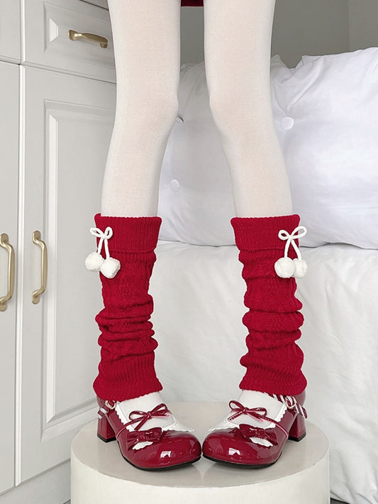 with Decorations Leg White Warmers Pom-pom Red Knitted