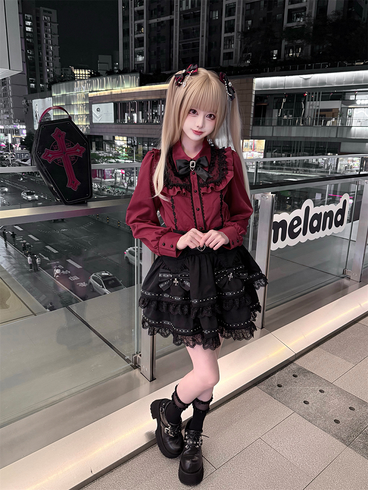 Lace Wine Black Trim Red Blouse Kei Jirai Bittersweet with Long Sleeves