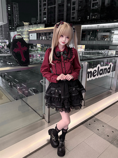 Lace Wine Black Trim Red Blouse Kei Jirai Bittersweet with Long Sleeves