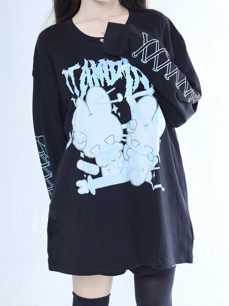Bunny Black Jirai Kei Lace-Up with T-Shirt Print Long-Sleeve