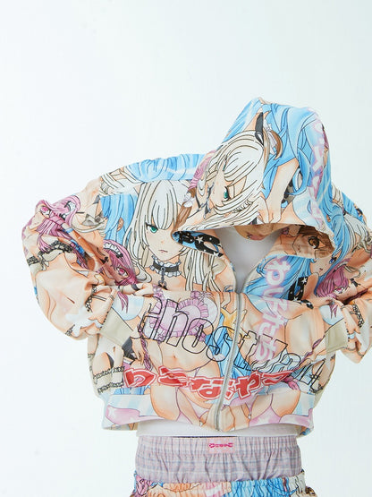 Closure Hoodie Colorful Cartoon Print Zip