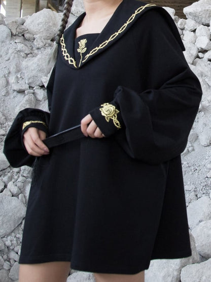 Gold Black Rose and Gothic Sailor Thorn Loose with Collar Embroidery Sweatshirt