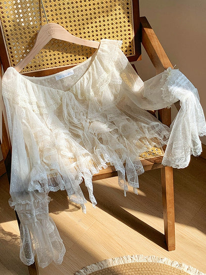 Langarm Tüll Kaskadierende transparente Trim Top Beige Rüschen gepunktet