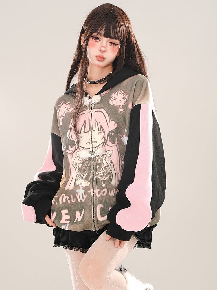 Black Cartoon Girl Colorblock Sleeves Zip Hoodie