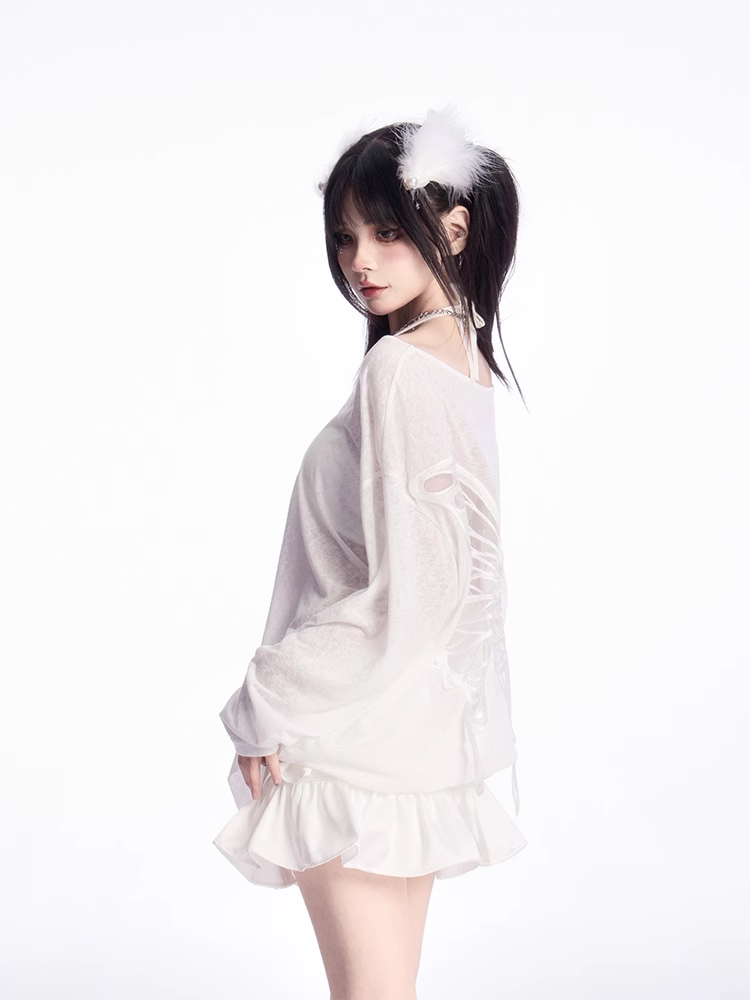 Butterfly-shaped Cutout White Asymmetrical Neckline Semi-sheer Coverup