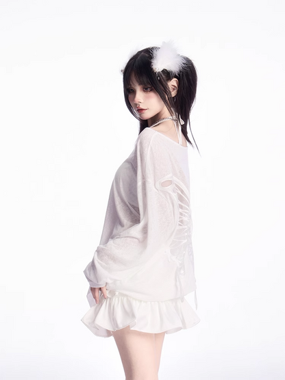 Butterfly-shaped Cutout White Asymmetrical Neckline Semi-sheer Coverup