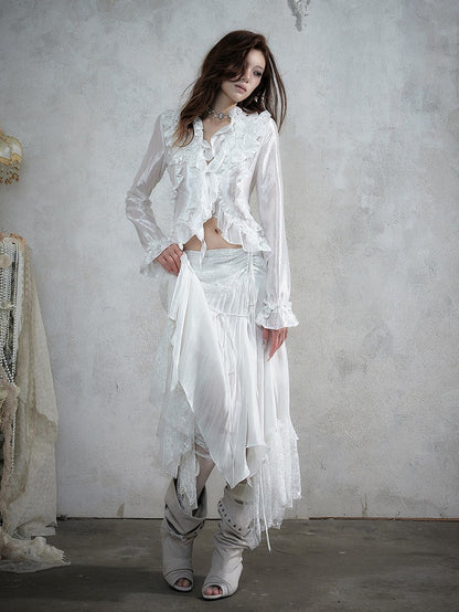 Shimmery White Ruffle Decorated Long Sleeve Blouse with Tie-Back Waist Cinch - NO ROMANCE