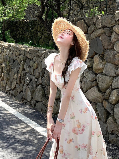 Apricot Summer Vacation Dress with Floral Pattern - Qchiwawameme
