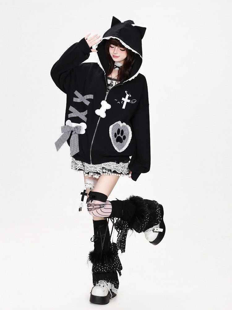Kawaii Ruffled Kitty-Ear Hooded Jacket with Bow and Heart Patch in Black - CRAZY GIRL
