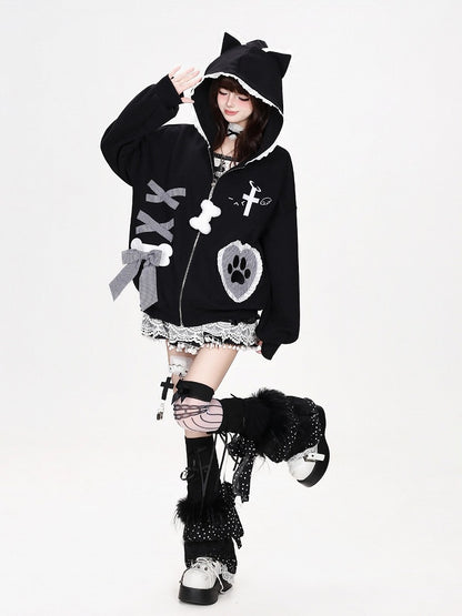 Kawaii Ruffled Kitty-Ear Hooded Jacket with Bow and Heart Patch in Black - CRAZY GIRL