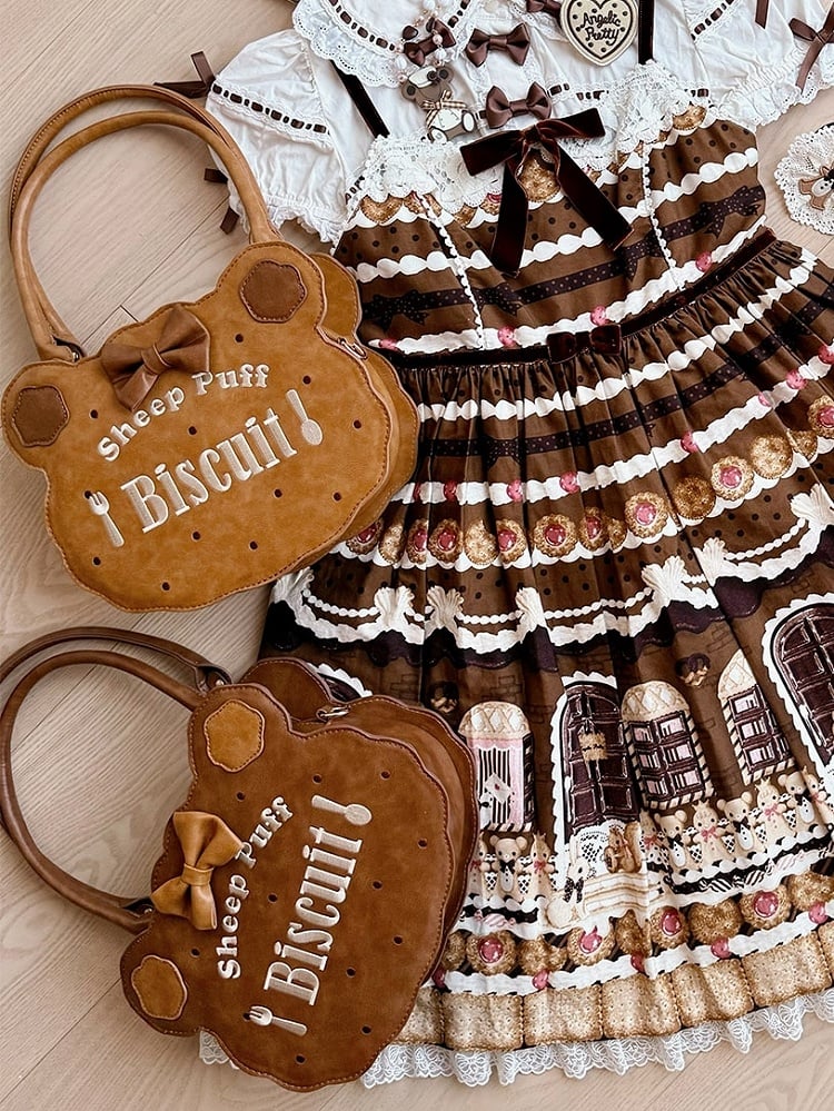 PU Light Brown Lolita Bear Cookie Bag with Fork & Spoon Embroidery