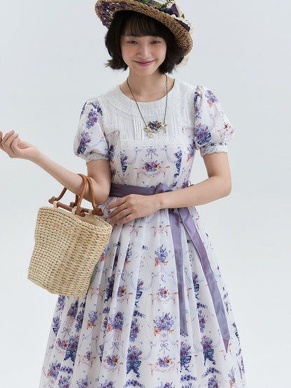 White-Purple Pansy Print Pleated Elegant Lolita OP Gown