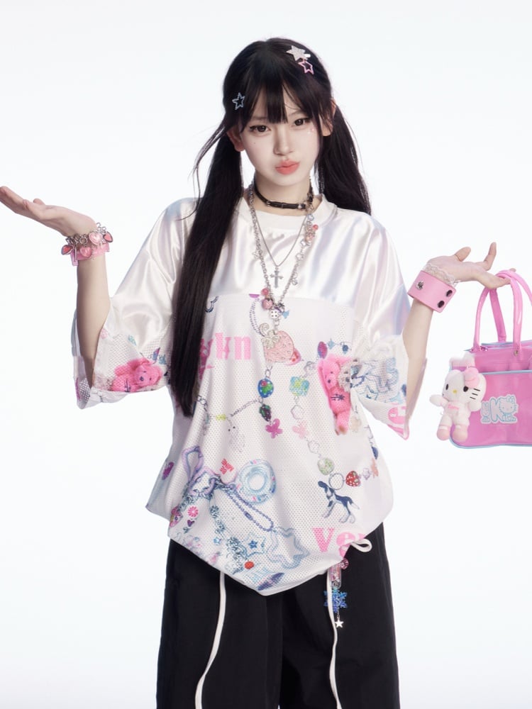 Weißes, lockeres T-Shirt mit Rundhalsausschnitt und Cartoon-Print