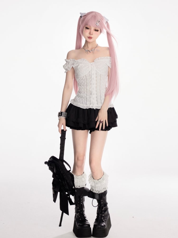 VネックTシャツ ホワイト オフショルダー ネックライン パフスリーブ スイート