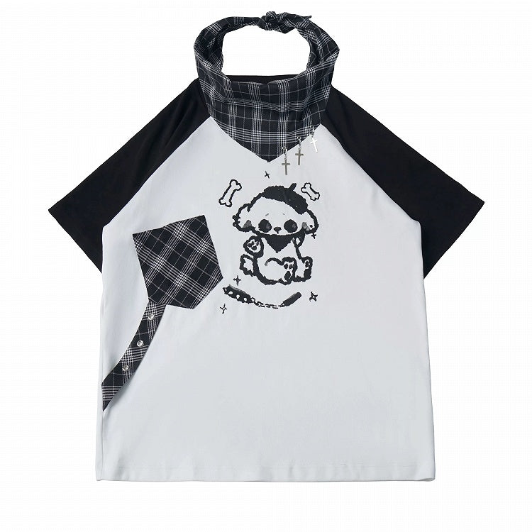 Black & White Puppy Print Raglan Tee with Plaid Neckerchief & Cross Charm Set - PINK SAVIOR