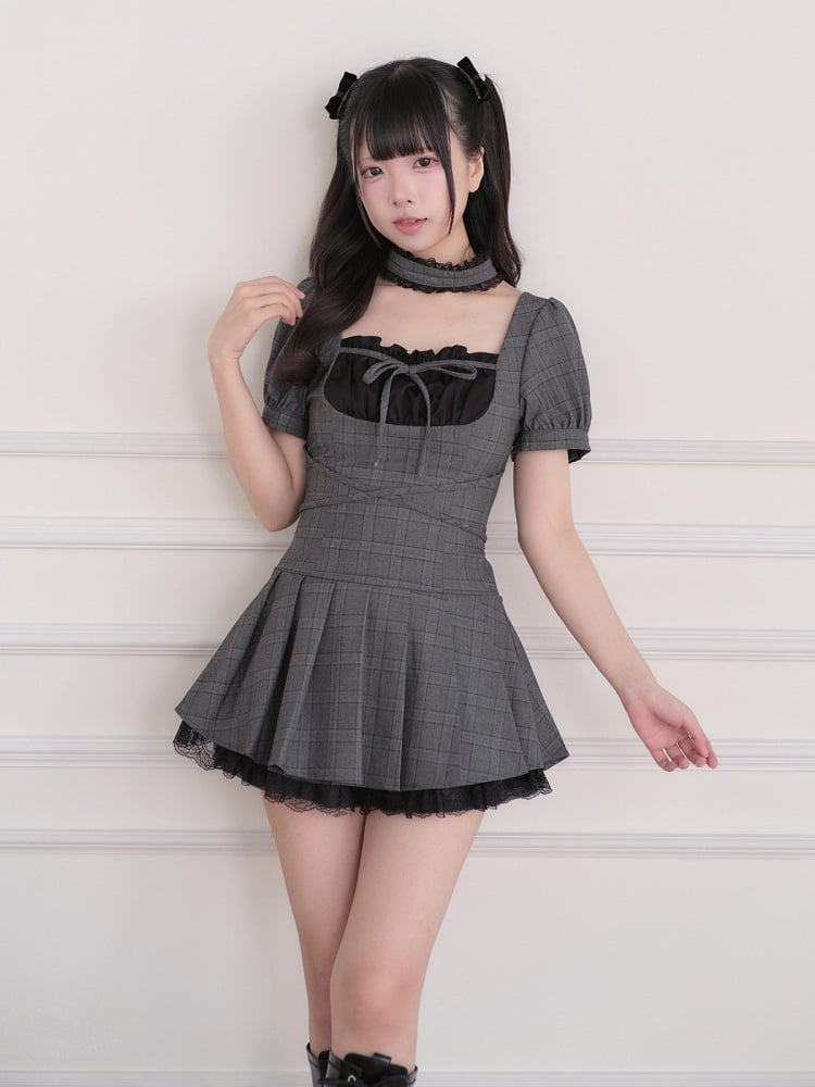Gray Plaid Square Neck Pleated Jumper with Choker and Shorts - No Genki