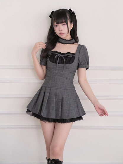 Gray Plaid Square Neck Pleated Jumper with Choker and Shorts - No Genki