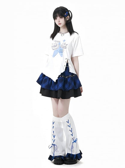 Tiered Skirt Stud Details Black and Blue Plaid Star