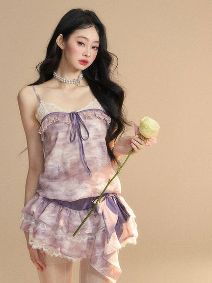 Lavender Oil Strap Tiered with Skirt Slip Dress Mini Painting Self-tie
