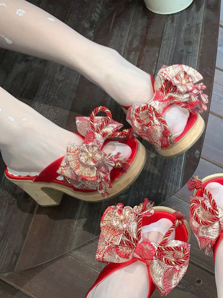 Red 8cm Heel Clogs with Floral Details - Aimee