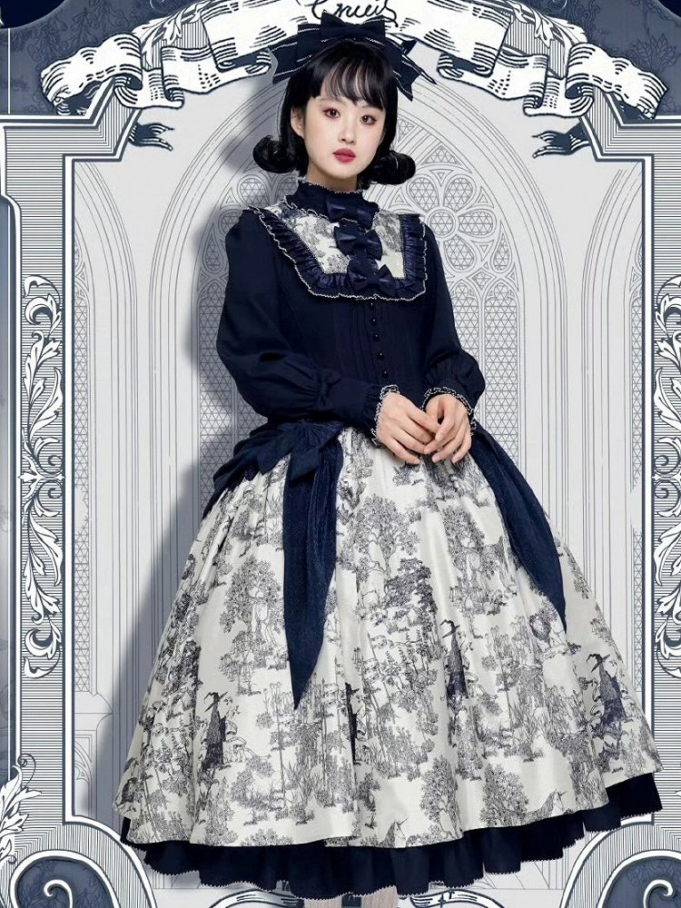 Piece Animals Lolita White Print Long-Sleeve One Dark Elegant Blue Forest
