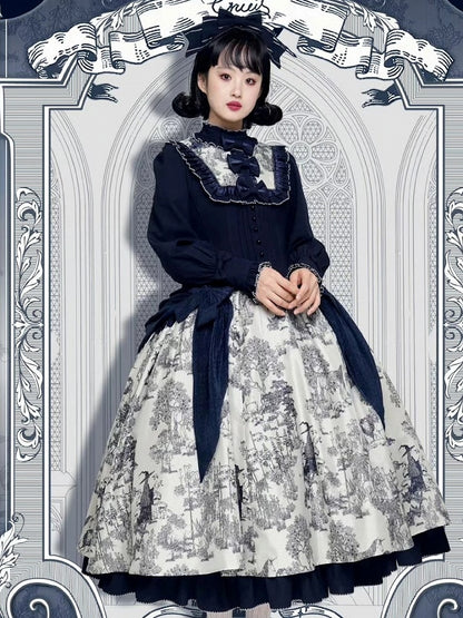 Piece Animals Lolita White Print Long-Sleeve One Dark Elegant Blue Forest