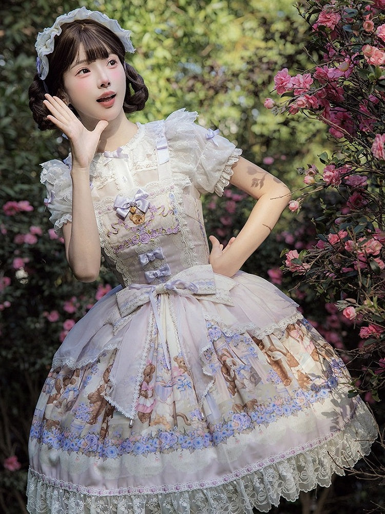 Cute Bear & Flower Pattern Sweet Purple Lolita JSK Gown - Stars Fall on the Foggy Island