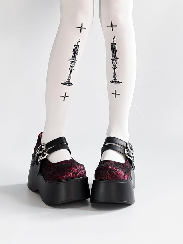 Punk - Black Red Sole Design Coffin-Shaped Buckle Shoes Platform