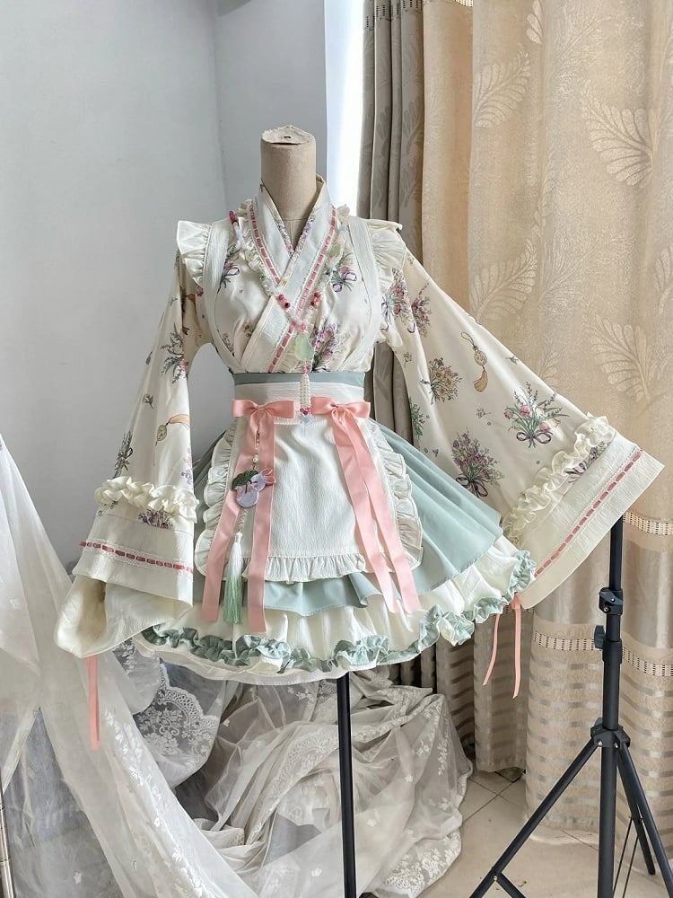 Medicine Skirt Herbal + Top Crossover Light Set Han Lolita Green Neckline