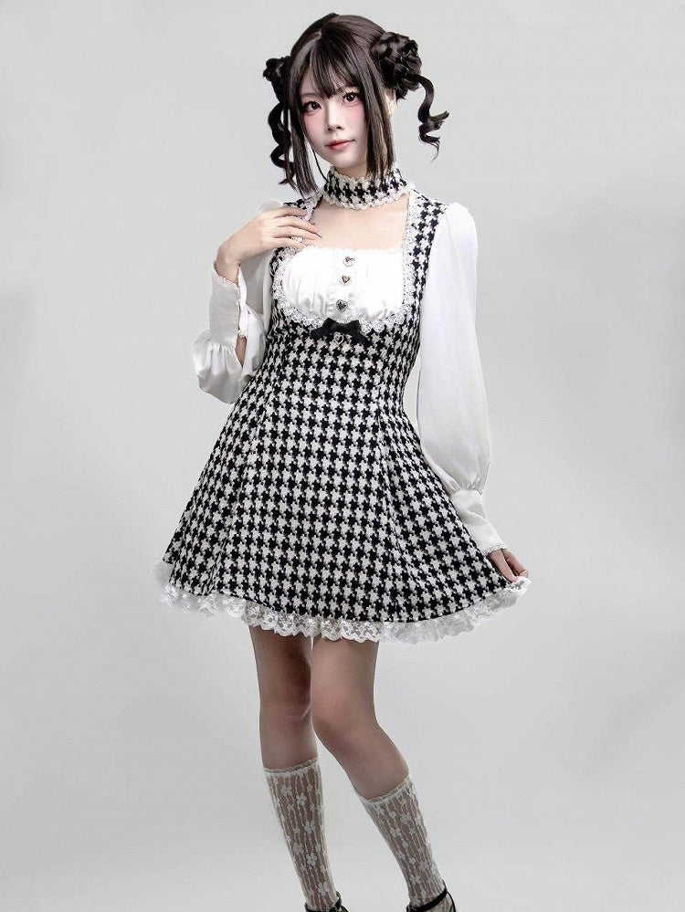 Kei Design Long One-Piece with White Details Black Dress Choker Houndstooth Jirai Lace Sleeve