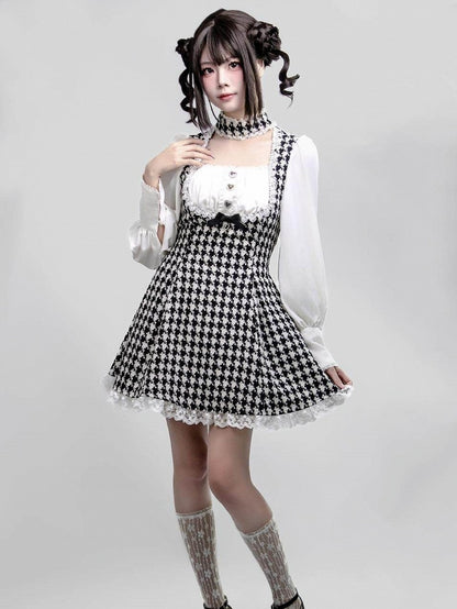 Kei Design Long One-Piece with White Details Black Dress Choker Houndstooth Jirai Lace Sleeve