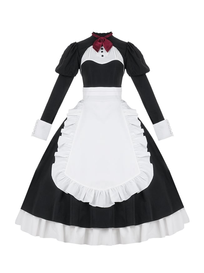 Maid Lolita Dress with Juliet Sleeves and Apron Waist in Black and White