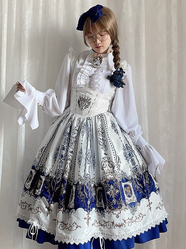 Tie and Long-sleeved Placket Lolita Jabot White with Blouse Ruffled