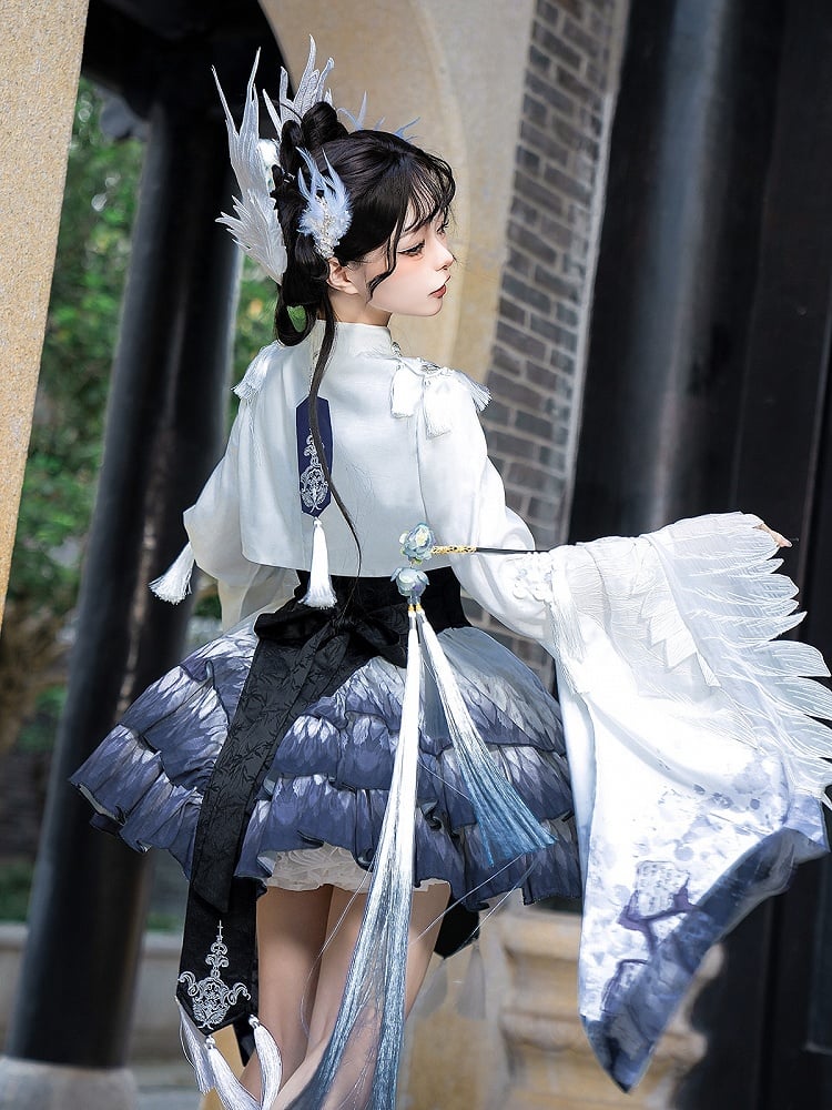 Lolita-Kleid mit Elster-Applikation, gestuftem Rock, Manschetten, weiten Ärmeln, kurzes Oberteil