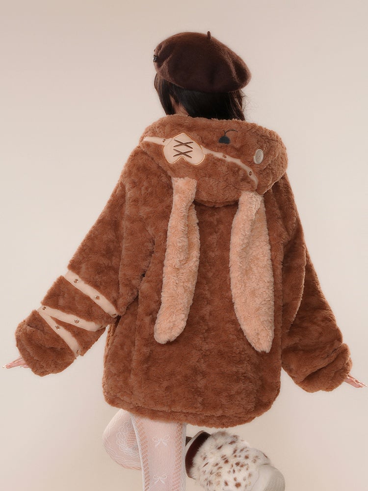 Brown Pink Bunny Ear Thick Zip Hooded Teddy Coat