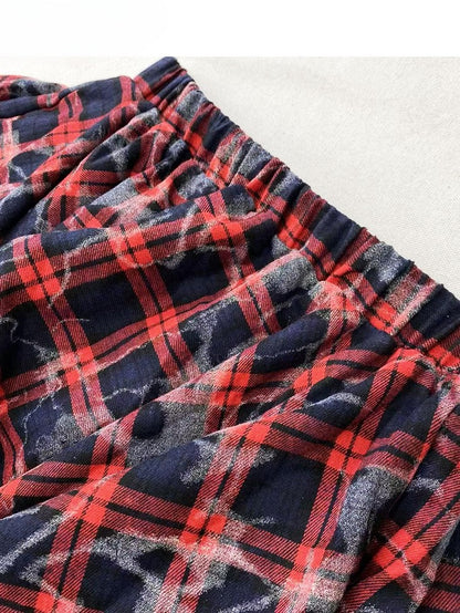 Y2K Hem BlackRed Plaid Pattern Skirt Handkerchief