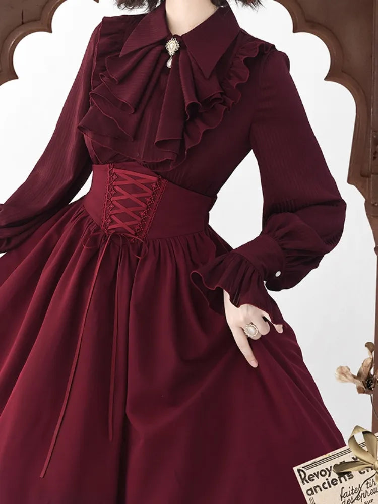 Striped Jabot Flat Fabric Sleeves Collar Red Pointed Shirt Long