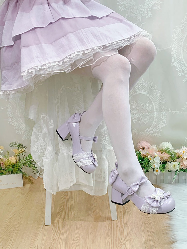 5.5CM Mid Heel Cherry Blossom Purple Round Toe Shoes with Lace & Bow - Hazelnut Bear