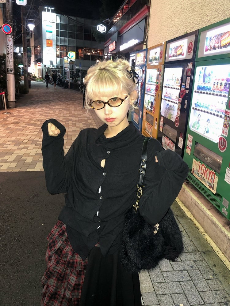 Front Placket Shawl Black Top with Scarf Asymmetrical Button Textured