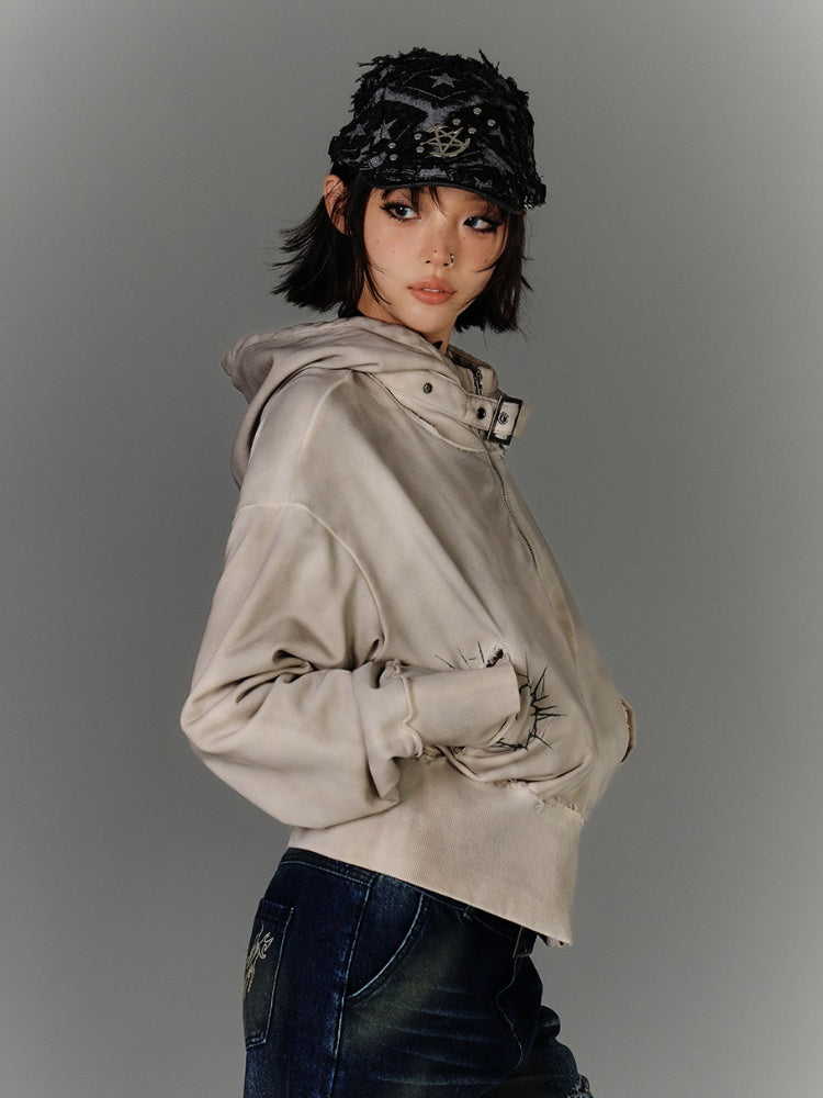 Strap Apricot Distressed Zip Closure Hoodie Wasteland Buckle Punk