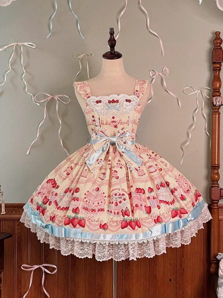 Strawberry Print Skirt Sweet Cute and Yellow Lolita Cake Jumper Dress