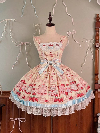 Strawberry Print Skirt Sweet Cute and Yellow Lolita Cake Jumper Dress