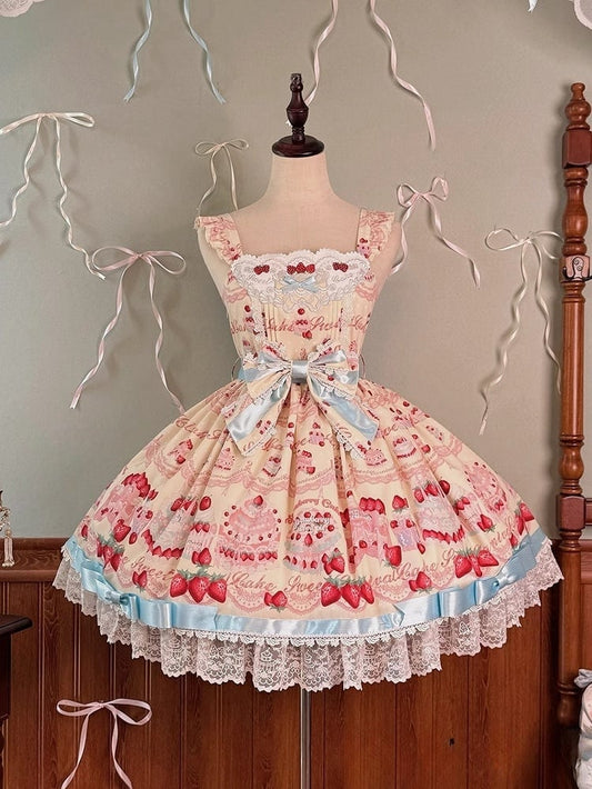 Strawberry Print Skirt Sweet Cute and Yellow Lolita Cake Jumper Dress
